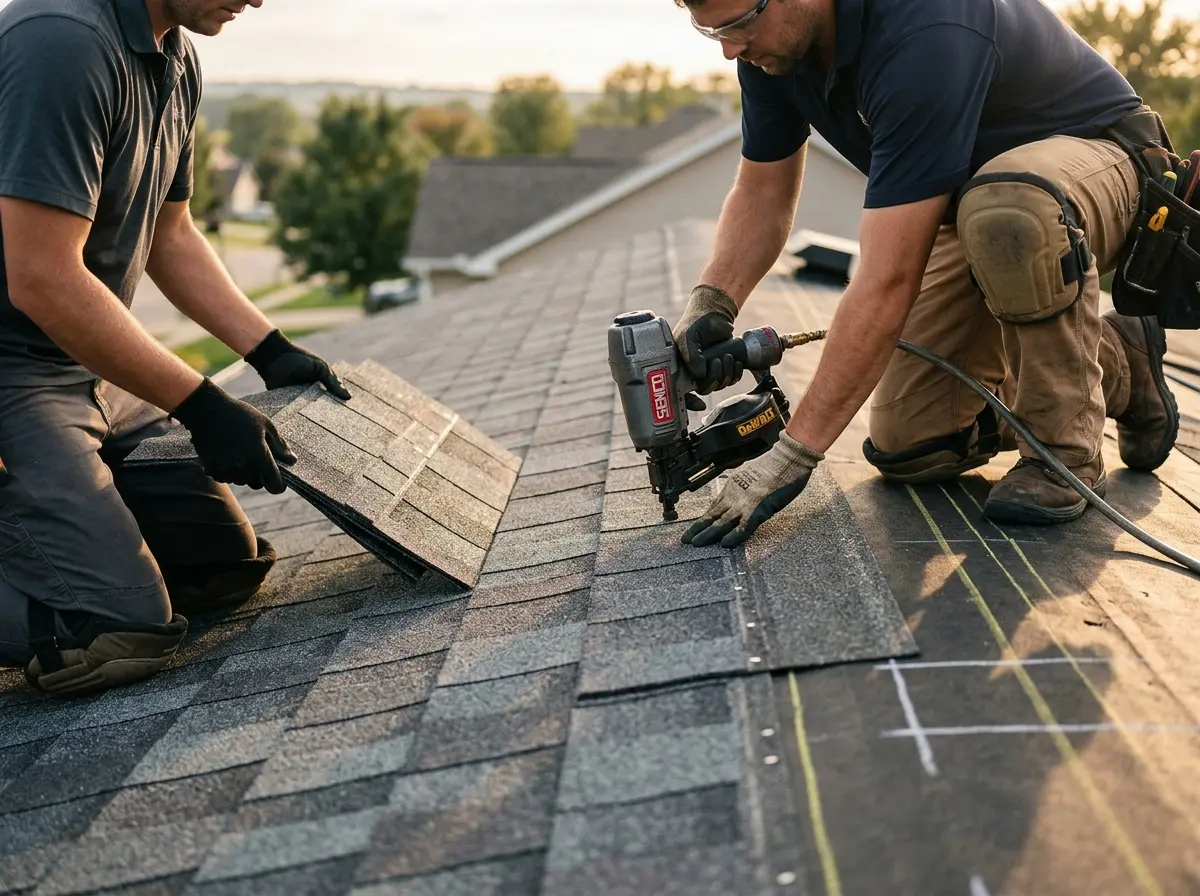 Professional roofer working on a residential roof in Little Elm